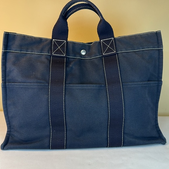 Hermes Vintage Heavy Canvas Tote Navy w/White Stitching Unisex Holds Laptop - Picture 14 of 14